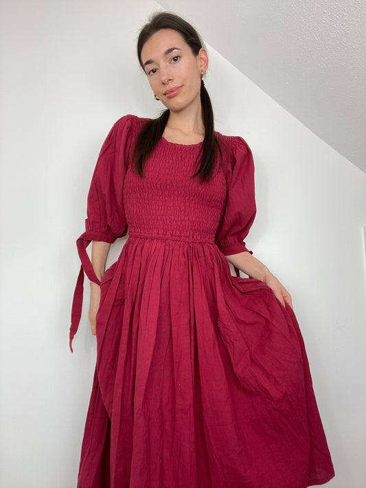 Freya Smocked Linen Midi Dress (S)